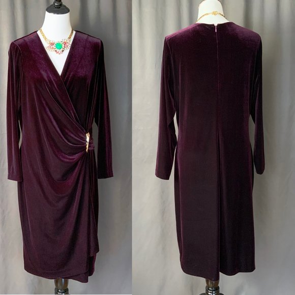 Calvin  Klein Velour Velvet Burgundy Wrap Long Sleeve Dress Sz 14W - Picture 15 of 16